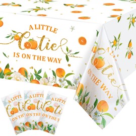 Tegeme Little Cutie Tablecloth Orange Fruit Party Supplies Little Cutie is on The Way Disposable Plastic Table Cover for Citrus Baby Shower Birthday Tangerine Decoration, 54 x 108 Inches(3 Pack)