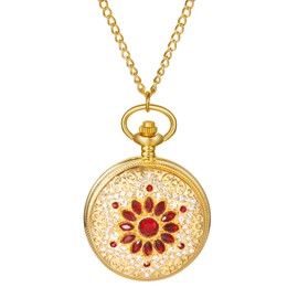 JewelryWe Women Gold Pocket Watch: Elegant Quartz Analog Green Rhinestone Flower Case Arabic Numerals Scale Girls Luxury Vintage Hunter Watches Gift with Sweater Chain Necklace
