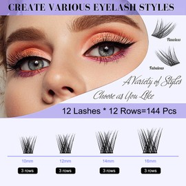 MADXDUPR Lash Clusters Kit, 144PCS C Curl Natural Cluster Lashes Kit, 10-16mm Wispy Eyelash Clusters Kit, Lash Bond and Seal Remover and Tweezers for DIY Lash Extensions