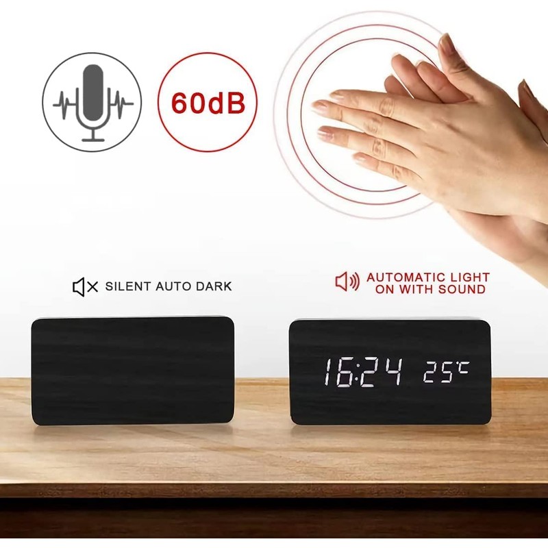 Wooden Digital Alarm Clock with Wireless Charging, 3 Alarms LED