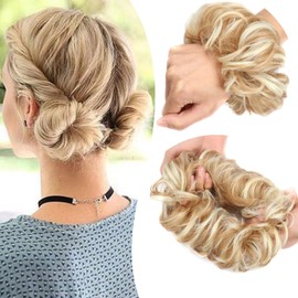 Hairpiece Bun Mix Hair Scrunchie with Hair, Light Golden Blonde & Bleached Blonde, Updo Hairstyles, Elastic Band, Wavy Hair Extensions for Women, Highlights, 45 g