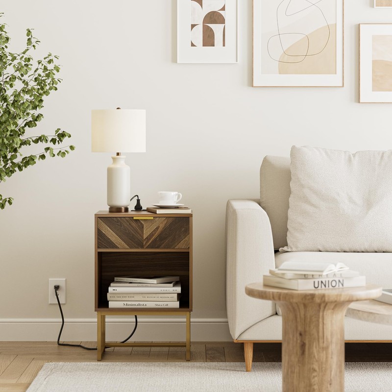 Masupu Nightstand with Charging Station,Modern Night Stand Boho Farmhouse Wood