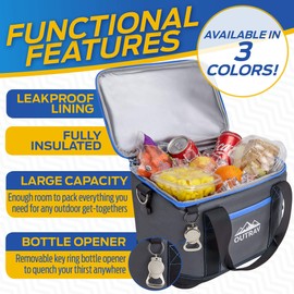 Blue Insulated Cooler Bag – 6L Collapsible Thermal Lunch Bag with Bottle Opener, 16 Can Capacity – Perfect for Camping, Picnics and Travel - Handles and Removable Shoulder Strap - by Outrav