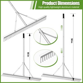 Qinyoung Aluminum Maintenance Rake 36 Inch Baseball Field Rake Garden Rake Landscape Rake with 66''-98'' Adjustable Handle Metal Heavy Duty Yard Leveling Rake for Lawns Care Gardening Loosening Soil