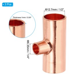 PATIKIL 1/2" x 1/4" x 1/2" ID Reducing Tee Copper Fitting, 3pcs 99.9% 3 Way Pure Copper Pipe Tube Connector Adapter Reducer with Sweat Solder Connection