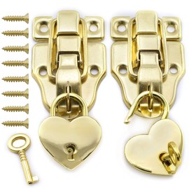 SDTC Tech Antique Cabinet Duckbilled Toggle Hasp Latch and Heart-Shaped Padlock Kit with Matching Screws for Jewelry Box Wooden Case Trunks Furniture Decoration - Gold (2X Toggle Latches + 2X Locks)