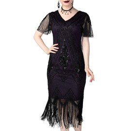 kayamiya Women's Flapper Dresses 1920s Sequins Art Deco Gatsby Cocktail Dress with Sleeve S Purple