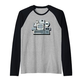 Vintage Tech Icons Retro IT Hardware and Gadgets Raglan Baseball Tee