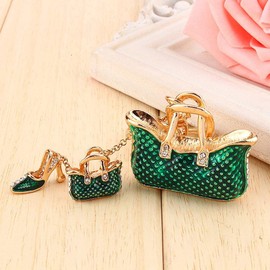 Walfront 3D Bag and Shoe Sets Key Chain, Rhinestone Crystal Keyring Charm Pendant Purse Key Ring Green, Green