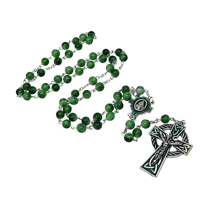 CB Catholic St Patrick Green Glass Marble Bead Rosary Gift