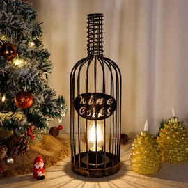 JHY DESIGN Decorative Table Lamp Battery Powered 13.5”H Cordless Metal Wine Cork Holder Lamp with 6-Hour Timer for Tabletop Home Patio Dining Room Living Room(Black Brushed Gold)