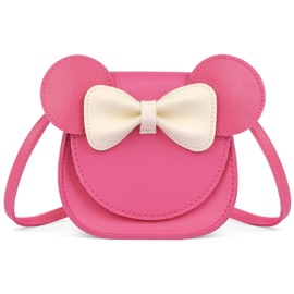 Ainiv Girls Bow Crossbody Purse, Little Mouse Ear Bow Shoulder Handbag, Mini Magnetic Flap Bag, PU Adjustable Strap Shoulder Bag for Girls Kids Toddler Teens-Rose Red
