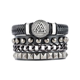 Eigso 2 Pcs Punk Leather Trinity Celtic Knot Bracelets for Men Women Retro Vintage Viking Cuff Wristbands for Man Woman