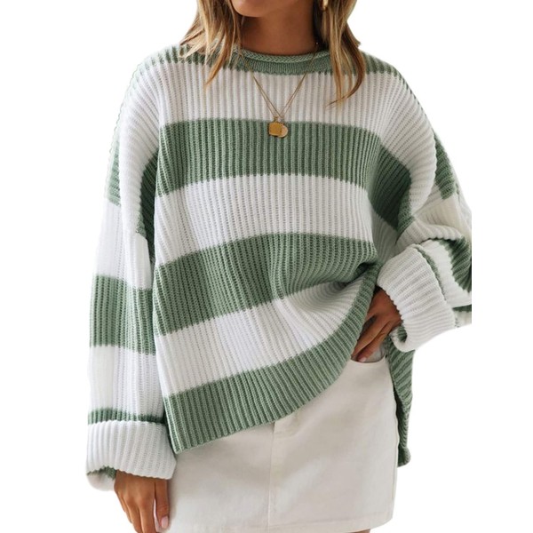 ZESICA Women's 2023 Fall Long Sleeve Crew Neck Striped Color Block Comfy Loose Oversized Knitted Pullover Sweater,Green,Small