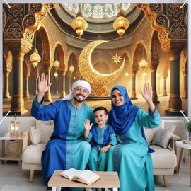 BlissYard Ramadan Mubarak Banner Backdrop 71x43 Inch Islamic Palace Mosque Photo Background with Crescent Moon Night Sky for Ramadan Decorations Eid Mubarak Celebration Muslim Home Party