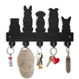 ORIGACH Silhouette of Dogs Wooden Key Holder for Wall Black Wood Key Rack with 5 Metal Hooks Wall Mounted Mountains Key Hooks for Front Door Kitchen Entryway Hallway - 30x18.5 cm
