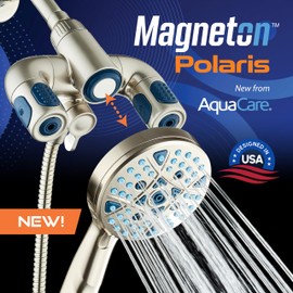 AquaCare Polaris High Pressure Multi Zone 208 Setting Shower Head & Handheld 3-way Combo System - Magnetic Docking Handle, Stay-Clean Jets, 6 ft. Metal Hose, All Nickel Finish, Top American Brand