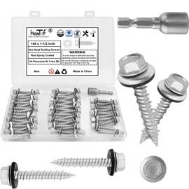 Metal Roofing Screws #14 × 1-1/2 Inch, 44-PCS, Hex Head Rustpert Coating Sheet Metal to Wood Siding Screw with EPDM Rubber Washer, Sharp Point, Hex Socket Included