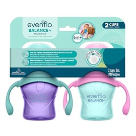 Evenflo Balance+ Trainer Cup with Ultra Soft Spout, Purple & Mint with Pink & Teal Handles, 5oz, 2 Pack, for 6+ Months