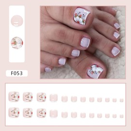 Flower Press on Toenails French Tip Short Glossy Fake Toe Nails Reusable Artificial Acrylic Toe Nails Square Full Cover Toe Nails for Women Girls