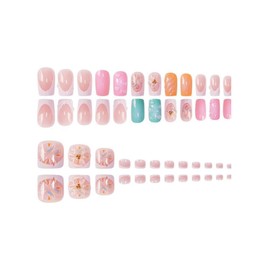 48Pcs White French Tips Press on Nails Flower Press on Toenails Medium Square Fake Nails with 3D Water Ripples Designs Summer Fake Toenails Glossy Blue Orange False Nails for Women Girls DIY Manicure