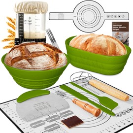 Sourdough Starter Kit with Jar – Complete Sourdough Bread Baking Supplies for Beginners, Includes 2 Silicone Proofing Baskets Baking Mat Sour Dough Kit - Green