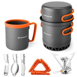 Odoland Extended Camping Tableware Set, Outdoor Cookware, Aluminium Camping Pot with Burner, Cup, Foldable Cutlery, Mini Camping Stove for Outdoor, Picnic, Hiking