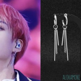 ALOHAMONI BTS Jungkook Hoop Earrings, Rods and Chains, 3-Chain Design, Two-Earring Set, Silver, Long Earrings, Unisex, South Korean Ulzzang, Silver,