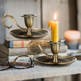 SEWACC Metal Taper Candle Holder with Handle, Vintage Bronze Candlestick Holder Centerpieces, for Home Decor Weddings Parties, Bronze