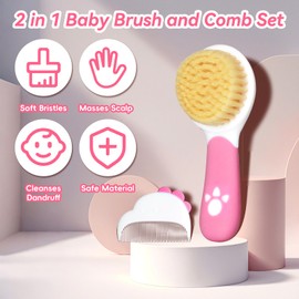 Baby Hair Brush and Comb Set, Soft Bristles Cradle Cap Brush for Newborns, Toddlers, Baby Registry Gift (Rose Red)