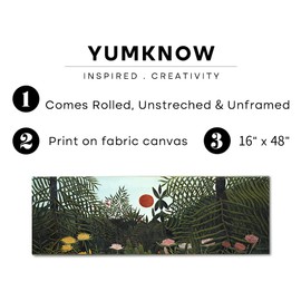 Rolled Canvas Vintage Farmhouse Bedroom Wall Decor Above Table - Beach House Vertical Wall Art Entryway - 16x48 - Henri Rousseau Picture - Abstract Virgin Forest with Sunset Post Impressionism Print