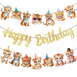 Tiger Birthday Party Banners 3Pcs Glitter Gold Tiger Birthday Decorations Tiger Party Favor Hanging Banners Tiger Birthday Party Supplies for Jungle Safari Baby Shower Supplies