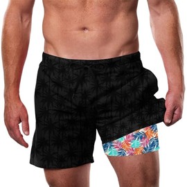 Cozople Men's Swim Trunks with Compression Liner 5.5 inch Inseam Quick Dry Board Shorts Anti Chafing Boxer Brief Lined Bathing Suit Hawaiian Palm Tree Style Swim Shorts XL