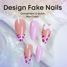 24Pcs Pink Press on Nails Medium Almond Fake Nails Leopard Print French Tip False Nails White Bow Charms Design Glue on Nails Glossy Full Cover Artificial Acrylic Nails Reusable Stick on Nails Kit