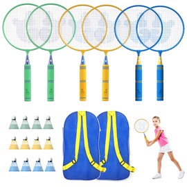 Upgraded 6 Pack Kids Badminton Rackets Set with Soft Grip, Oversize & Lightweight Shuttlecocks Racquet with 2 Carry Bag and 12 Shuttlecocks for Children Youth, 6 Player Sport Game for Outdoor Backyard