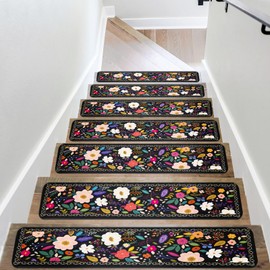 Snycler Non-Slip Stair Treads - Indoor Stair Runners for Wooden Steps, Set of 15 Safety Mats for Pets, Kids, and Elders, 30X8 inch Slip Resistant Stair Rugs with Rubber Backing(Black Flower)