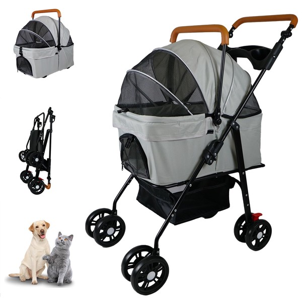 Pet Stroller with Storage Basket and Cup Holder, Folding Dog