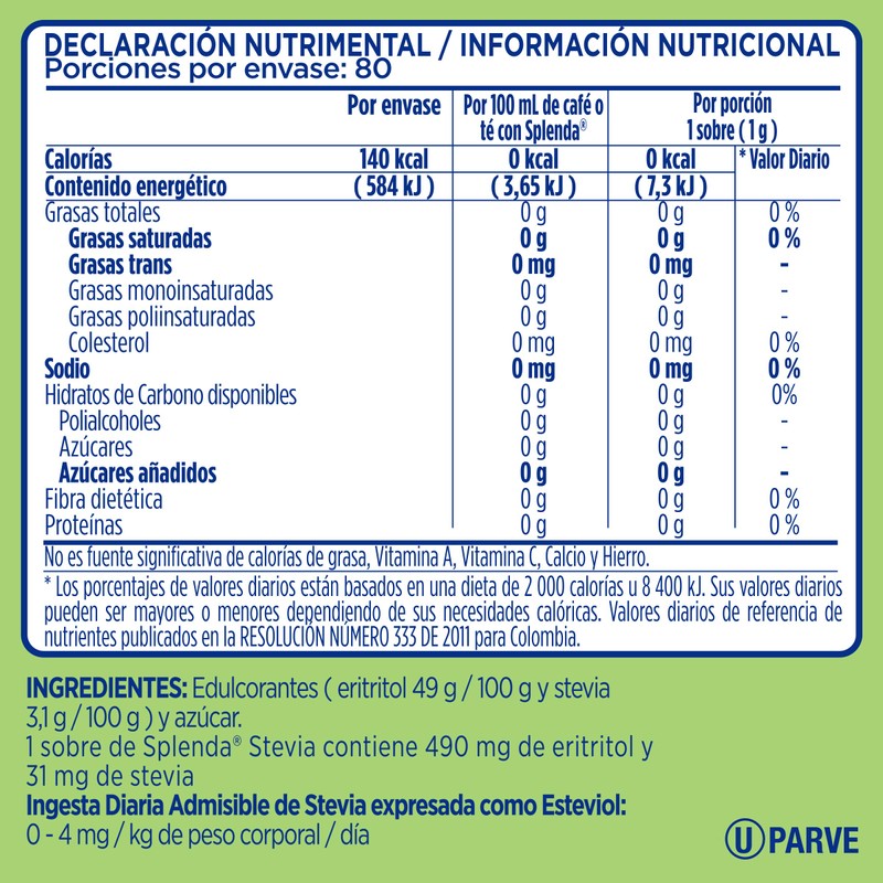 Splenda Stevia, Edulcorante de Mesa, 80 sobres de 1g c/u