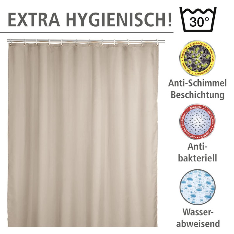 Wenko Anti Mould Shower Curtain - Plain, Antibacterial & Washable