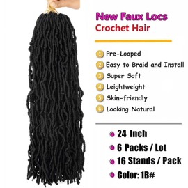 24 Inch Soft Locs Crochet Hair Pre Looped 6 Packs Faux Locs Crochet Braids Goddess Locs Dreadlocs Synthetic Hair For Black Women (1B, 24 Inch (Pack of 6))