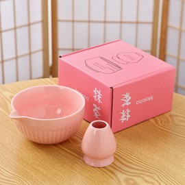 Ceramic Matcha Whisk Holder Set with Mixing Bowl, Pink Speckled, 2-Piece Kitchen Set