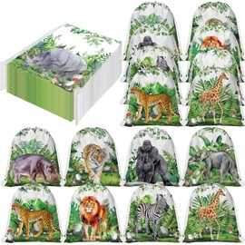 Ferraycle 24 Pcs Safari Drawstring Bags Safari Goodie Bags Party Favors Bags Party Treat Bags Jungle Animals Party Bags for Birthday Party Baby Shower, 9.8 x 11.8 Inch