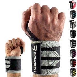 BIOMORPH Professional Wrist Wraps 54 cm for Fitness, Bodybuilding, Strength Sports & Crossfit, Wrist Wraps for Men and Women (Grey Black Stripes)