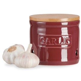 ONEMORE Garlic Keeper with Lid, Ceramic Garlic Saver 4 inch, Dark Red