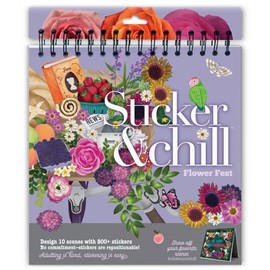Sticker & Chill Sticker Book for Adults – 800+ Repositionable Colorful Clings Create Designs on 10 Spiral Bound Scene Pages – Easy, Fun & Stress Relieving Relaxation Activity – Flower Fest Series