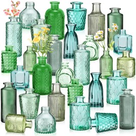 Yaomiao 30 Pcs Vases Bulk Colored Flower Glass Vases Bud Vintage Colored Glass Bottles Colorful Rustic Embossed for Home Wedding Table Decorations Gifts(Green Series)