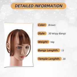 NICENEEDED Clip in Bangs Hair Toppers, 3D Wispy Hair Bang Natural Look Hair Clips, Brown Air Fringes with Temples Straight Hair Extensions for Daily Use Halloween