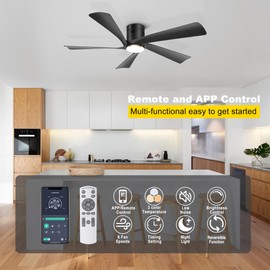 Ohniyou 52” Low Profile Ceiling Fan with Lights, Remote & APP Control Modern Flush Mount Indoor Outdoor Ceiling Fans, Dimmable, Silent DC Motor, Reversible, Black