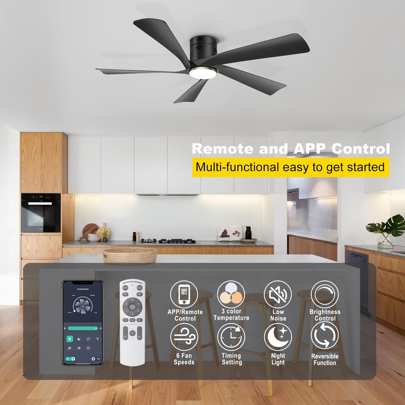 Ohniyou 52” Low Profile Ceiling Fan with Lights, Remote &