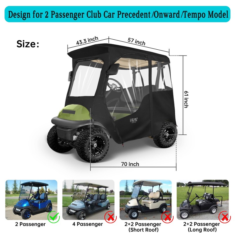 10L0L 2 Passenger Golf Cart Enclosure for Club Car Precedent/Onward/Tempo,
